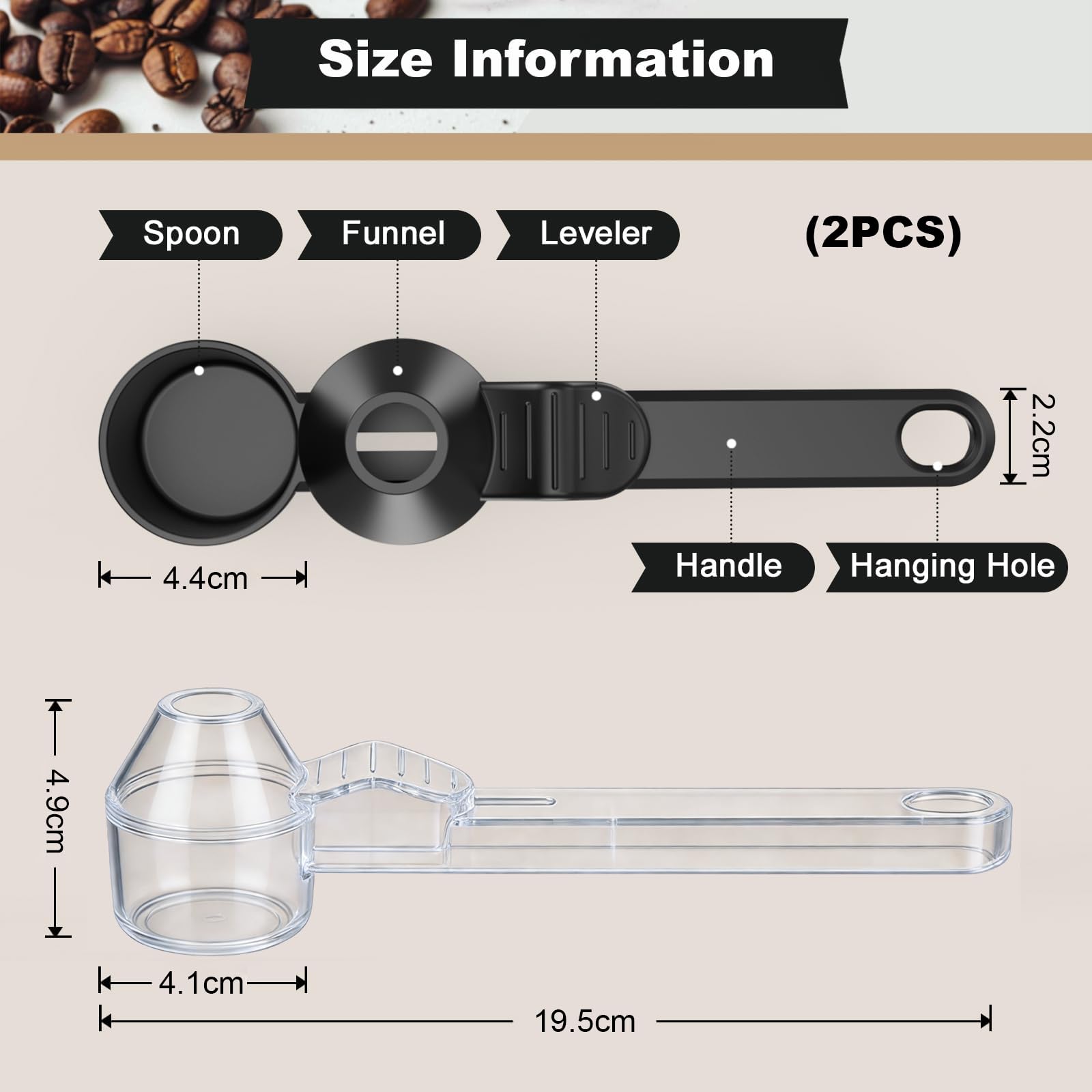 Cucchiaio Dosatore caffè con Imbuto Set di 2 Cucchiai Misuratori per Polvere di caffè Nero E Trasparente in Materiale ABS Design Utensili Multifunzionali per