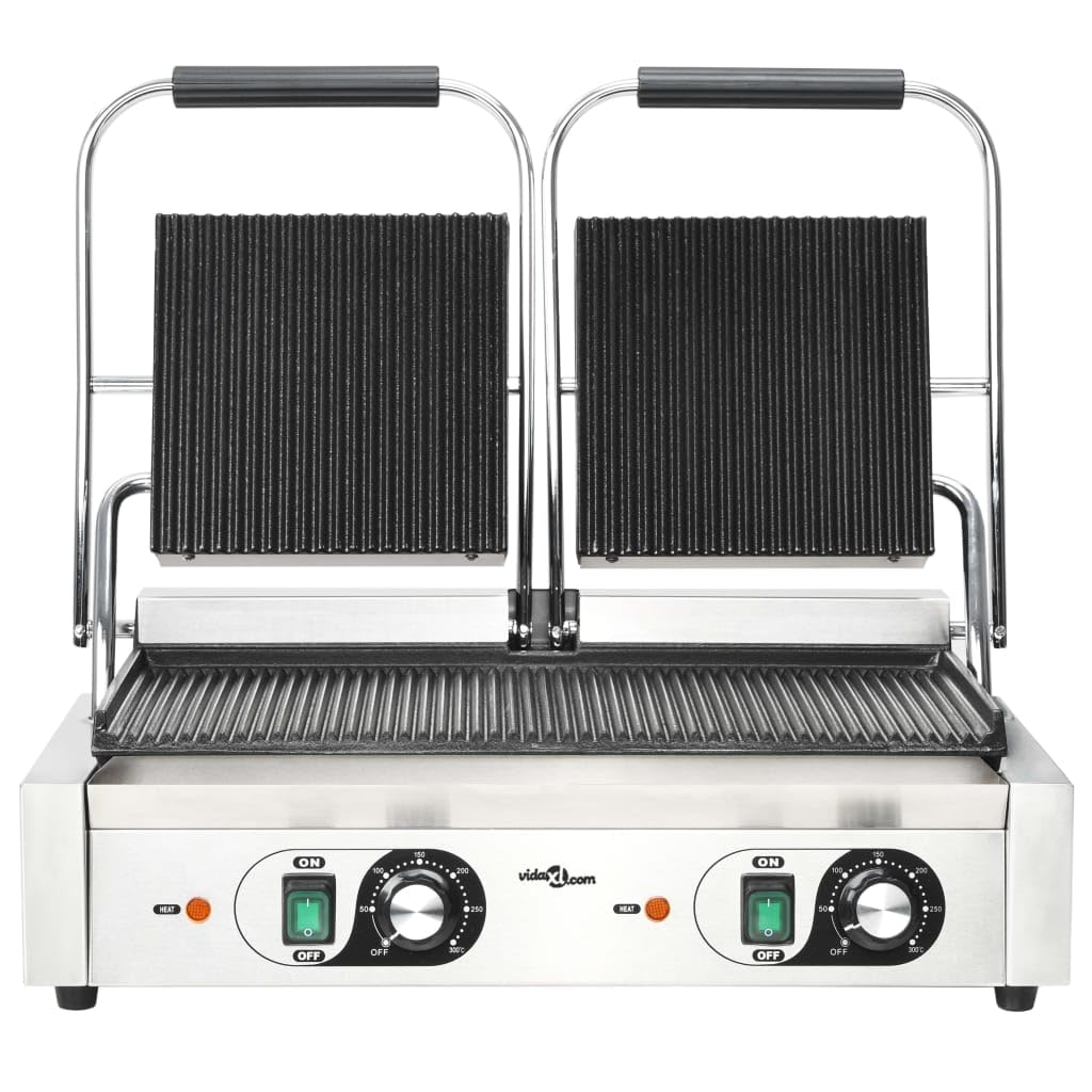 Panini - Griglia a contatto doppia scanalata, 3600 W, alloggiamento in acciaio inox, piastre in ghisa da 57 x 30,5 x 20 cm, per barbecue interni ed esterni