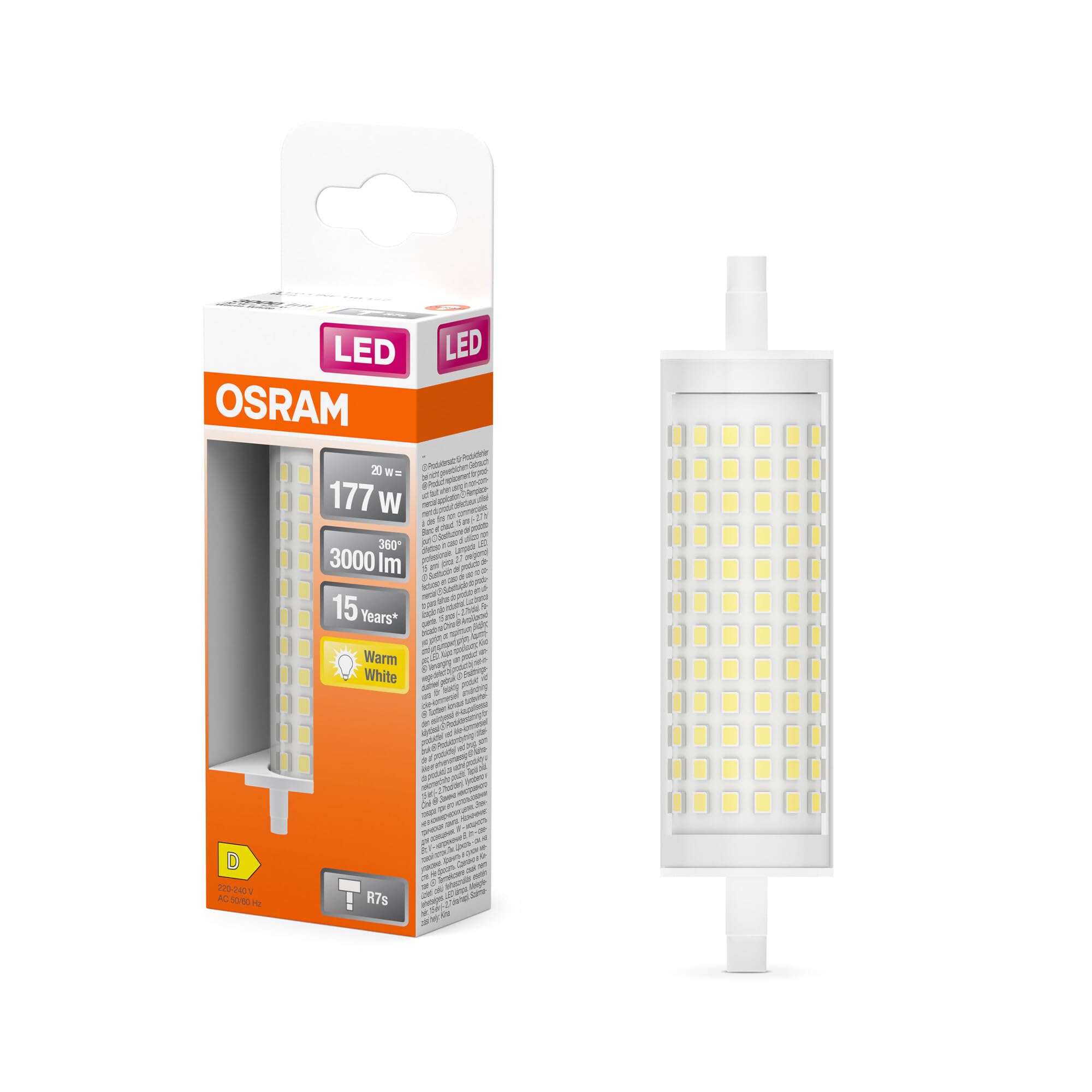 OSRAM Lampada LED LED Line con filamento, corpo lampada in plastica trasparente, 20 W, attacco retrofit R7s, EEK D, 3000 lm, luce bianca calda 3000 K per illuminazione generale.