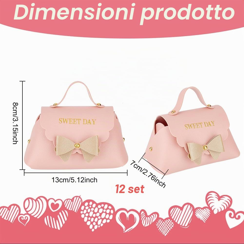 FINGERINSPIRE Confezione da 12 scatole regalo in pelle con fiocco e manico, 13 x 7 x 8 cm, rosa, in pelle sintetica, mini scatola regalo per caramelle, per matrimonio, doccia, San Valentino