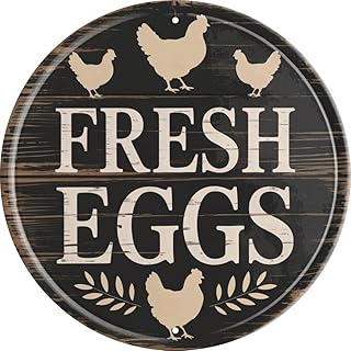 Rustic Farmhouse Metal Sign 8x8 in Round Chicken Coop Decor Vintage Farm Fresh Eggs Wall Art Antique Kitchen & Outdoor Decorative Plaque Chicken Coop Accessories
