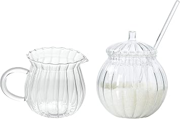 2pcs Striped Glass Cream Jug Sugar Bowl Sugar Jar Seasoning Pot Coffee Serving Set