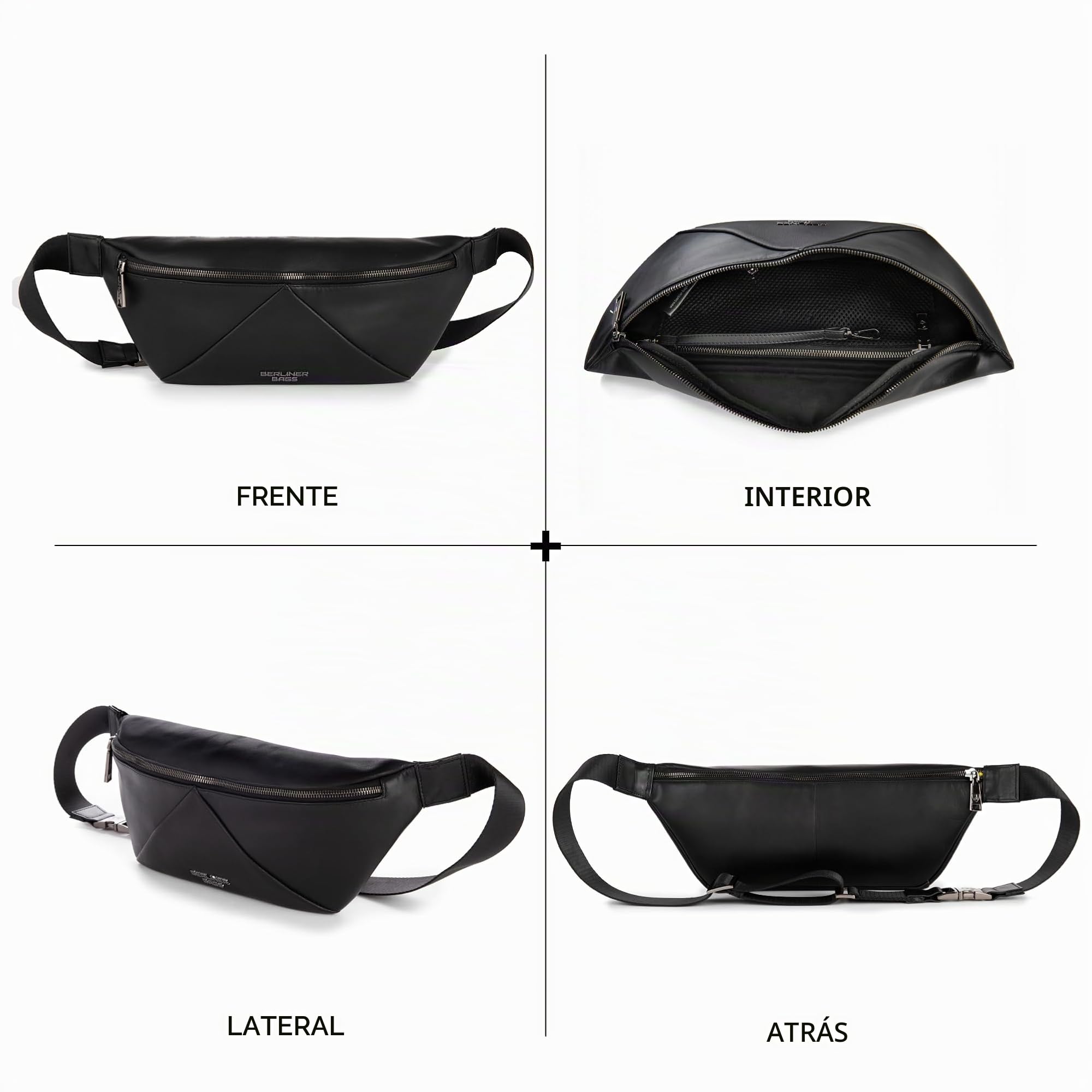 Berliner Bags Feline Riñonera de Piel Auténtica, Bolso Bandolera Crossbody Unisex con Bolsillo Trasero, Cremalleras YKK y Correa Ajustable – Negro