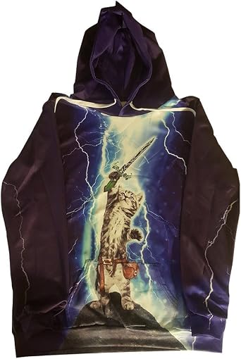 DJDesigns All Over 3D Print Thundergod Kitten Cotton and Synthetic Active Pullover Hoodie Large Blue