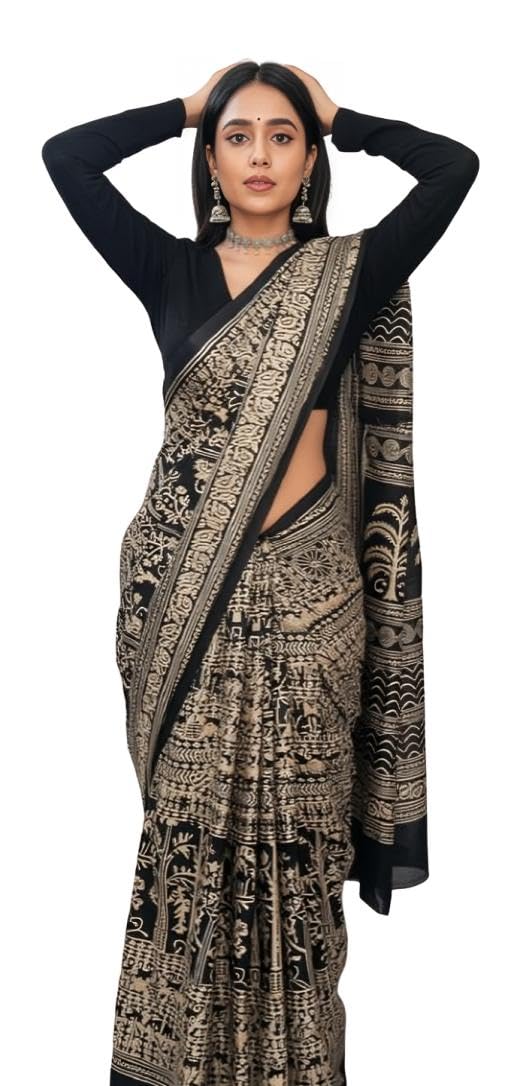Women's Art Silk Printed Kalamkari Saree for women With Blouse Piece (Black And Beige)
