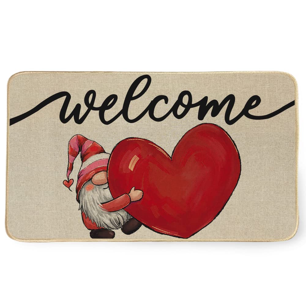 Valentines Day Door Mat 17 x 29 Inch, Gnome Love Heart Welcome Decor Doormat Non-Slip and Washable Rubber Backed Seasonal Entryway Rugs for Indoor Outdoor DM042