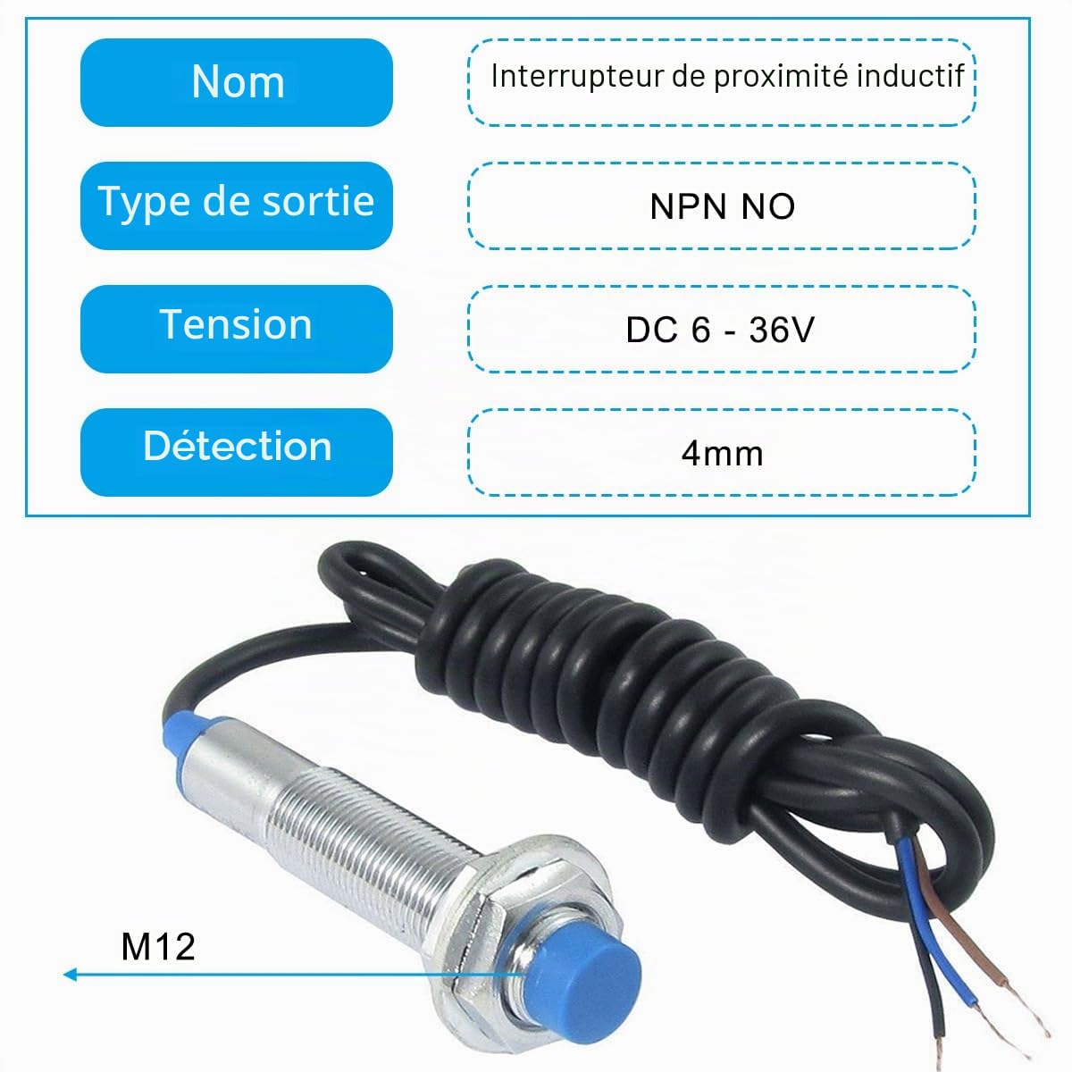 Capteur d'approche M12, distance de détection de 4 mm, interrupteur de proximité inductif NPN NO normalement ouvert, imprimante 3D LJ12A3-4-Z/BY Détection DC 6-36 V pour MCU, 2 pièces