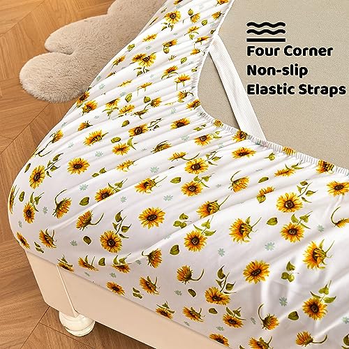Image of Softan Floral Twin Size Sheet Set, Sunflower Printed Bed Sheets for Kids Girls, 3-Piece Microfiber Fitted Sheet with 15 inch Deep Pocket & Non-Slip Straps, Patterned Bedding Sheets & Pillowcase Set