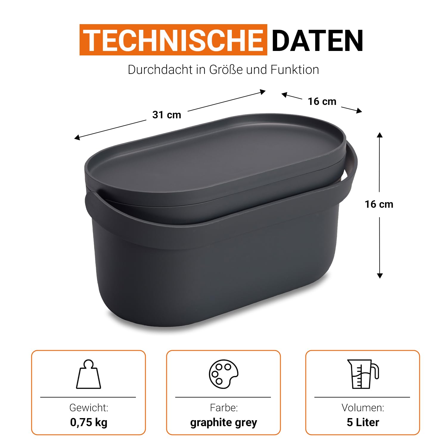 Garantia NOVA Biomülleimer Küche 5L Graphite Grey - Geruchsdichter Komposteimer für Küchenabfälle - Kleiner Biomüll Behälter Spülmaschinenfest & Innensieb - Qualität aus Deutschland