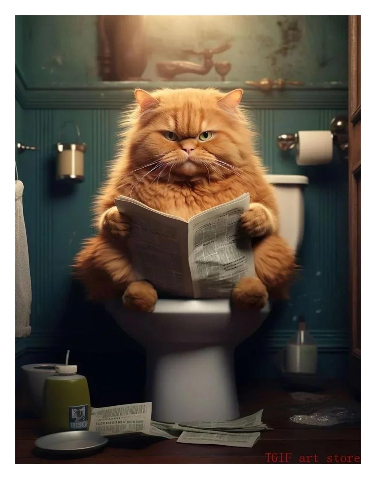 Byambd E Aesthetic Pictures Funny Fat Cat Toilet Newspaper Posters Print Wall Art Aesthetics Canvas Painting For Living Room Modern Hom Decor(,40X50cm)