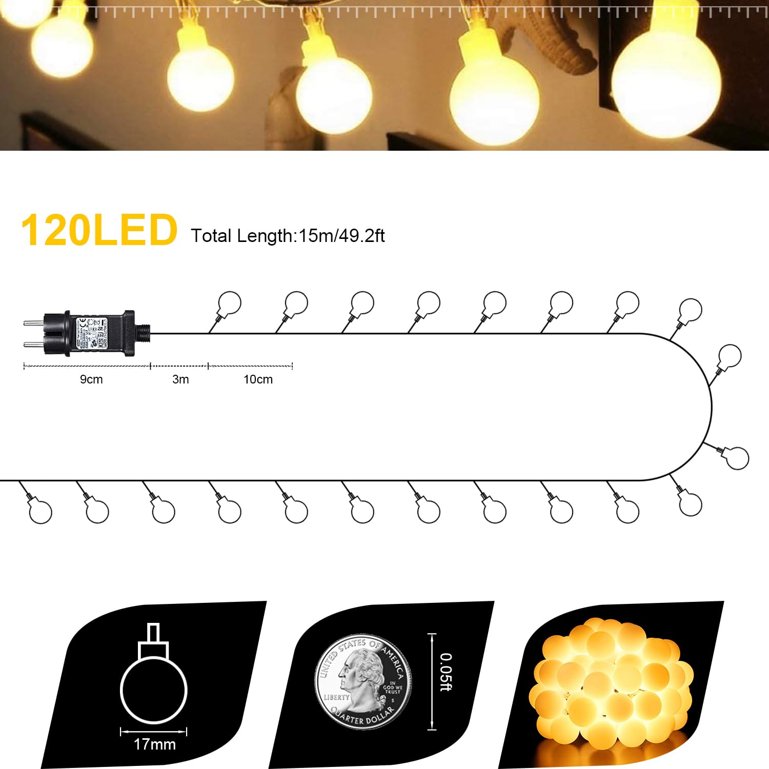 Girlanda świetlna sferyczna, 15 m, 120 diod LED, do użytku na zewnątrz/wewnątrz, z gniazdkiem, 8 trybów z pilotem do sypialni, wnętrz, ogrodu, na Boże Narodzenie i wesele (ciepła biel)