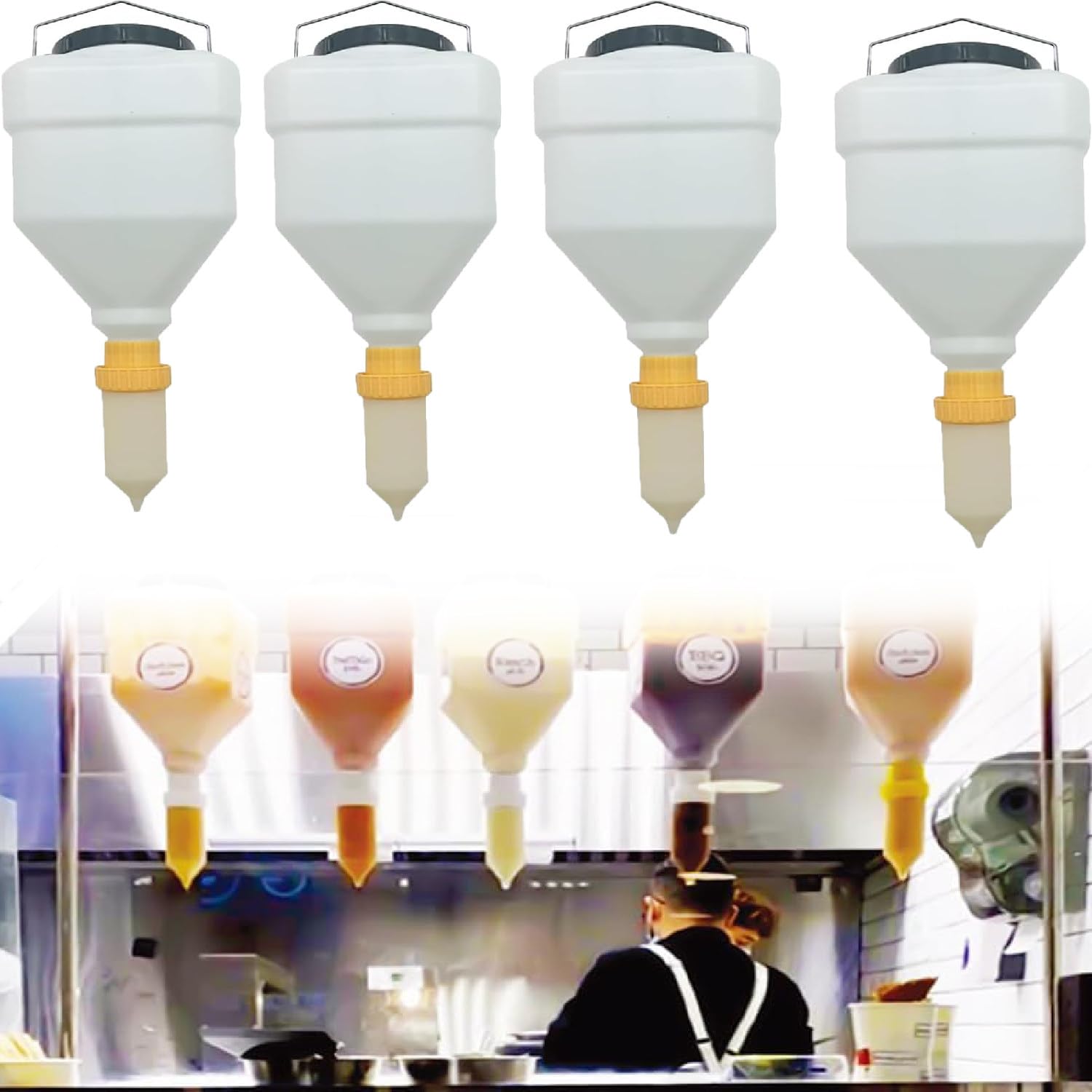 Dispensador de salsa colgante de 3,5 l/5,5 l, botella para salsa, kétchup, botella a presión, botella hermética para mostaza, ensalada, kétchup y mayonesa.,4items-5.5L