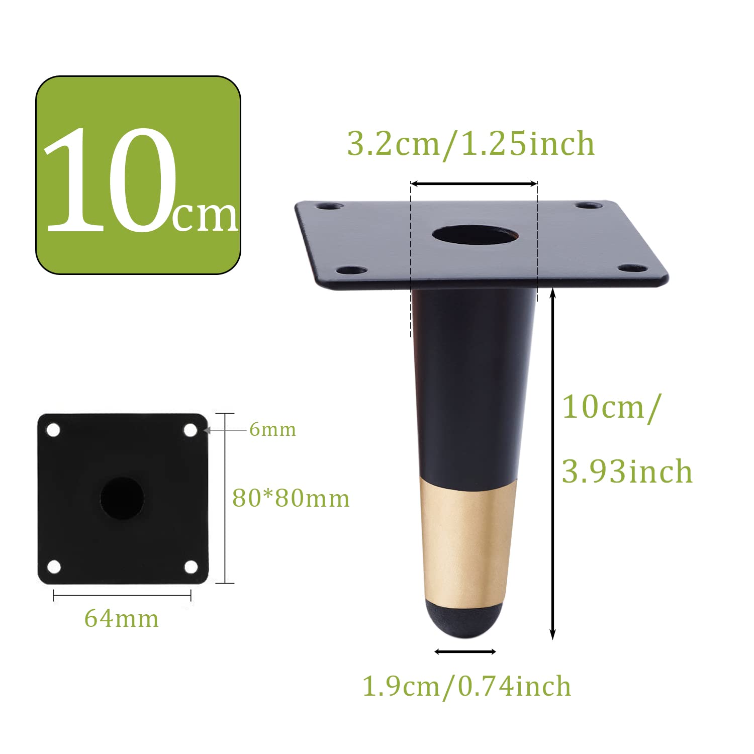 NAKUPENDA Furniture Feet, Pack of 4 Metal Legs for Furniture Black with Gold, Cone Shape, 10 cm Height, 8 cm Width - Image 4
