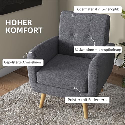HOMCOM Einzelsessel Relaxsessel Polstersessel mit Leinenoptik, Fernsehsessel im Moderndesign, Armlehnensessel mit Sitzkissen, Holzbeine, für Wohnzimmer, Schlafzimmer, Hellgrau – Bild 5