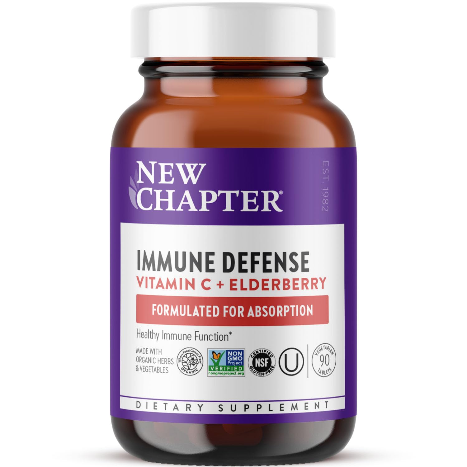 New ChapterVitamin C Immune Defense Supplement + Elderberry – Excellent Source of Vitamin C, One Daily Tablet for Healthy Immune Support, Made with Organic Herbs, Non-GMO, Gluten Free, 90 ct