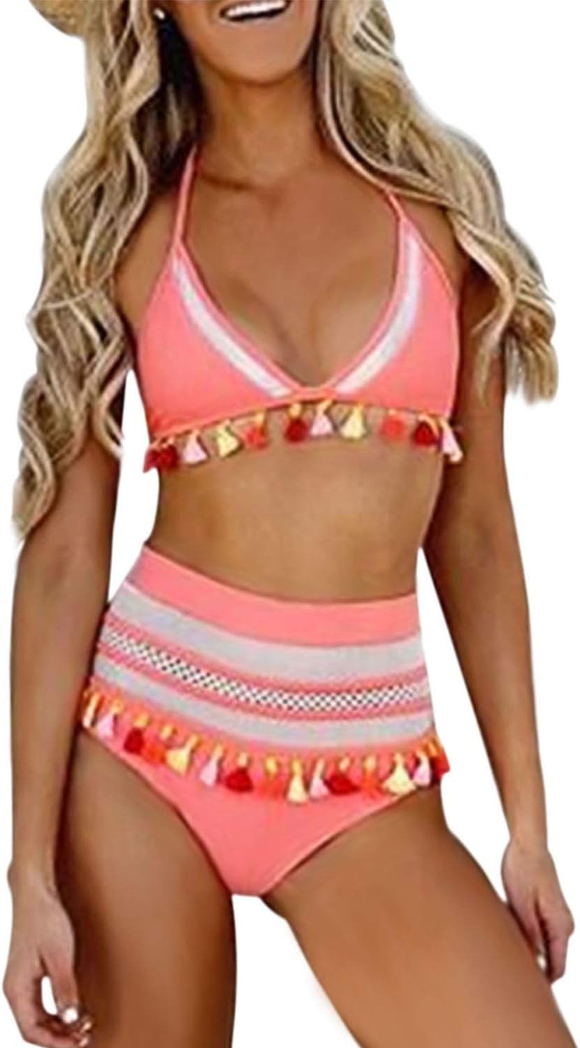 Bdcoco Women's High Waist Two Pieces Bikini Set Halter Straps Tassel Swimsuits