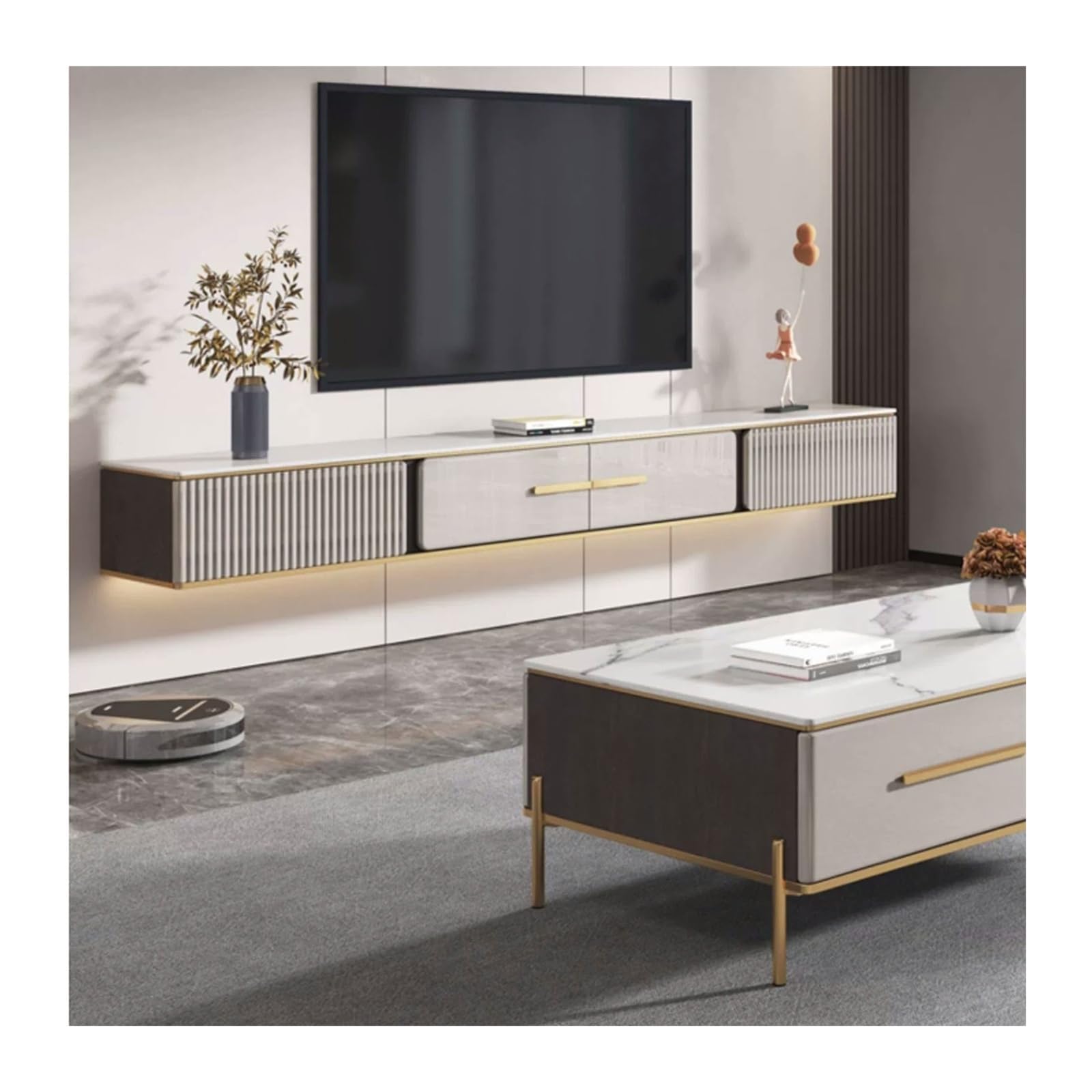Mobile multimediale Mobile TV sospeso moderno e semplice con 2 cassetti, 70,8''/78,7'' per il soggiorno(M)