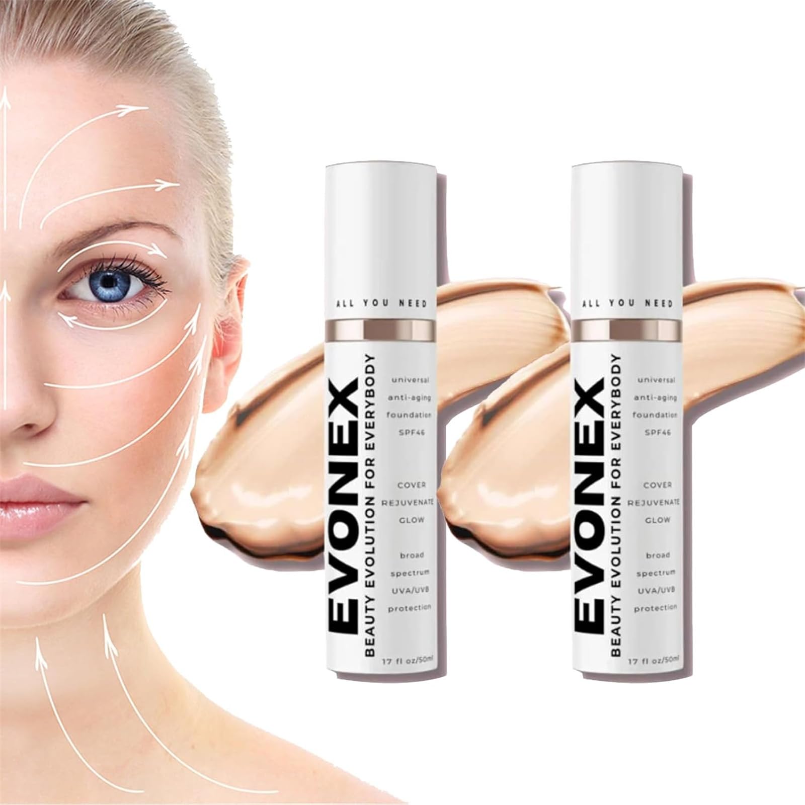 Evonex Age Defying Makeup, Evonex Age Defy Foundation, Anti-Aging Tinted Moisturizer Cream, Foundation Serum For Women, Universal Tint, Light Sheer Coverage Tinted Face Sunscreen (2Pcs)