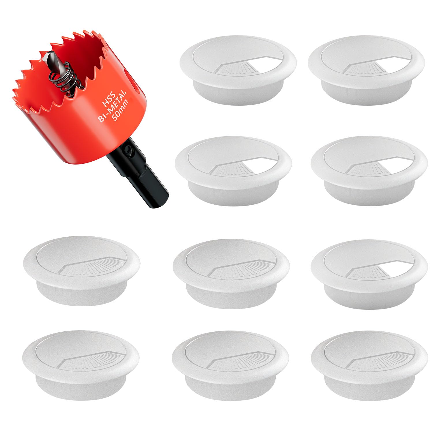 GA1FSL Desk Grommet 2 inch (50 mm) 10 Pack - White ABS Plastic Cable Hole Cover with Hole Cutter for TV, Office, and Home Table - Hide Wires Behind