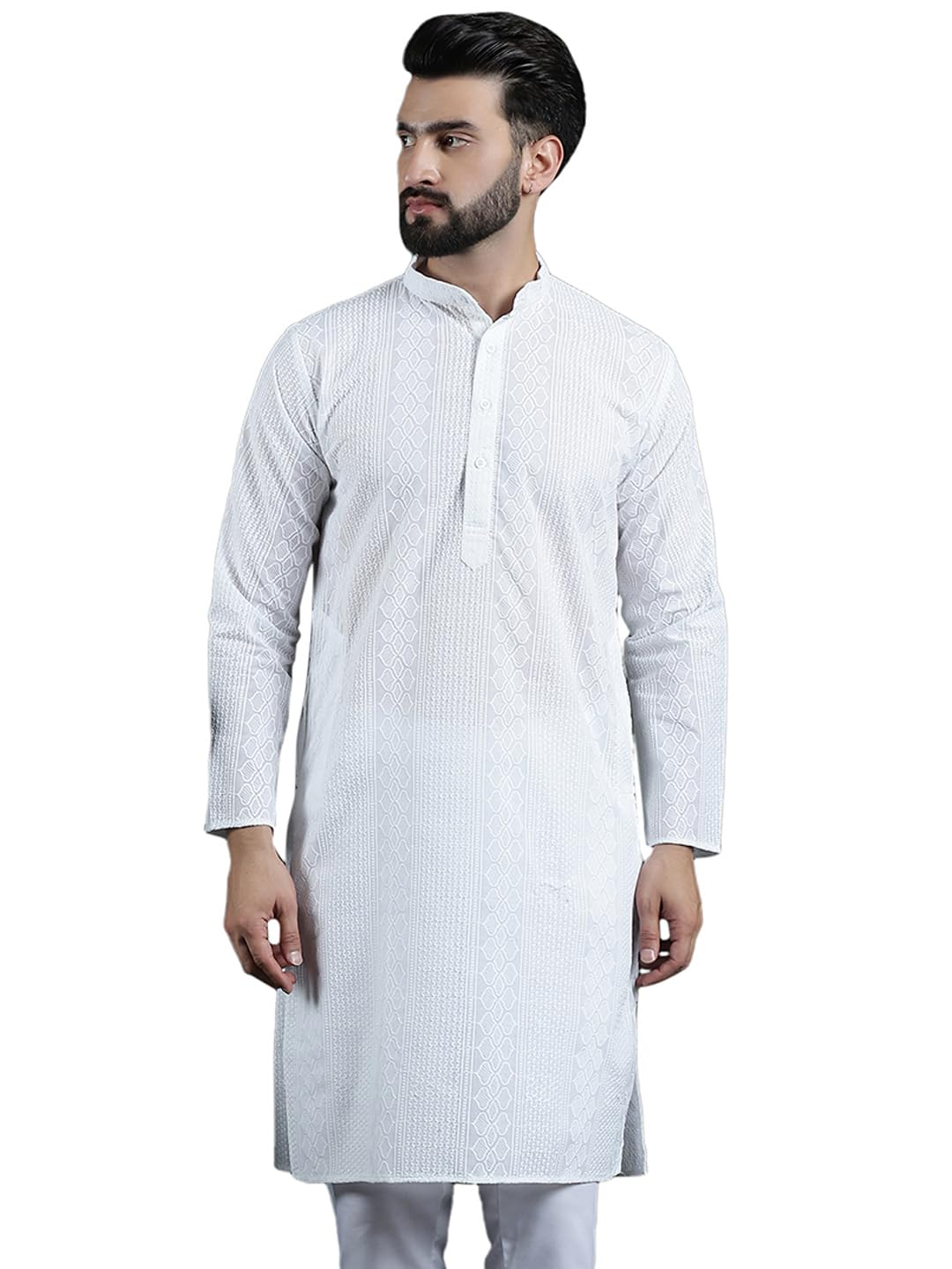 Sojanya (Since 1958 Men's Cotton Thread Embroidered White Long Kurta