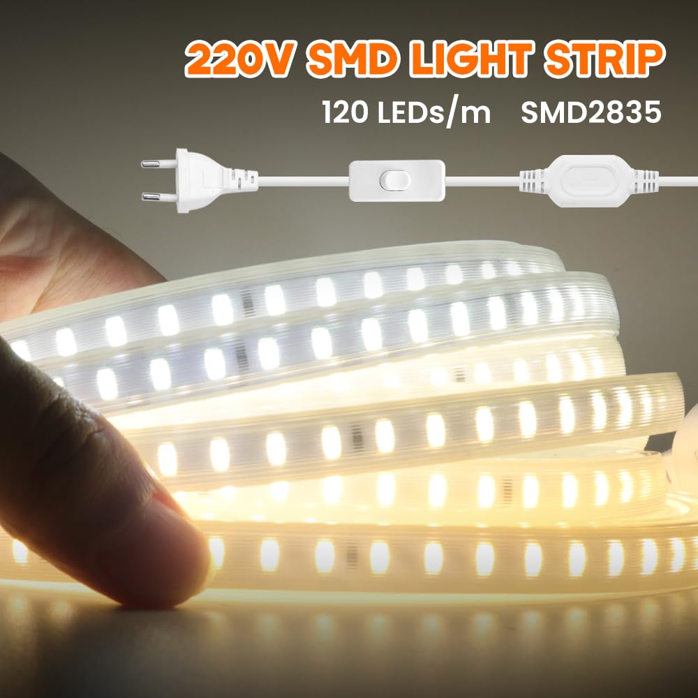 220V Tira LED con encendido/apagado [34m, Blanco cálido 3000-3500K],flexible e impermeable IP65,SMD2835,120 LEDs/m Guirnaldas luminosas recortable CRI85+,iluminación decorativa para el hogar