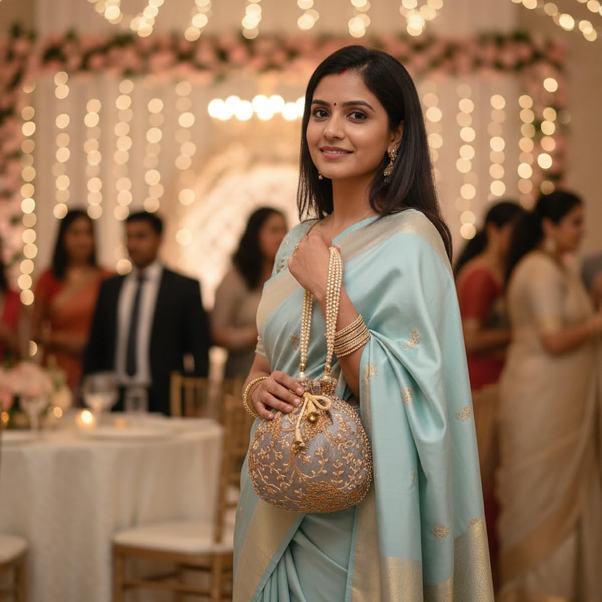 Touchstone Traditional Indian Hand Embroidered Shopping Gifts Jewelry Wedding Faux Pearls Strings Drawstring Bag for Women. - Image 2