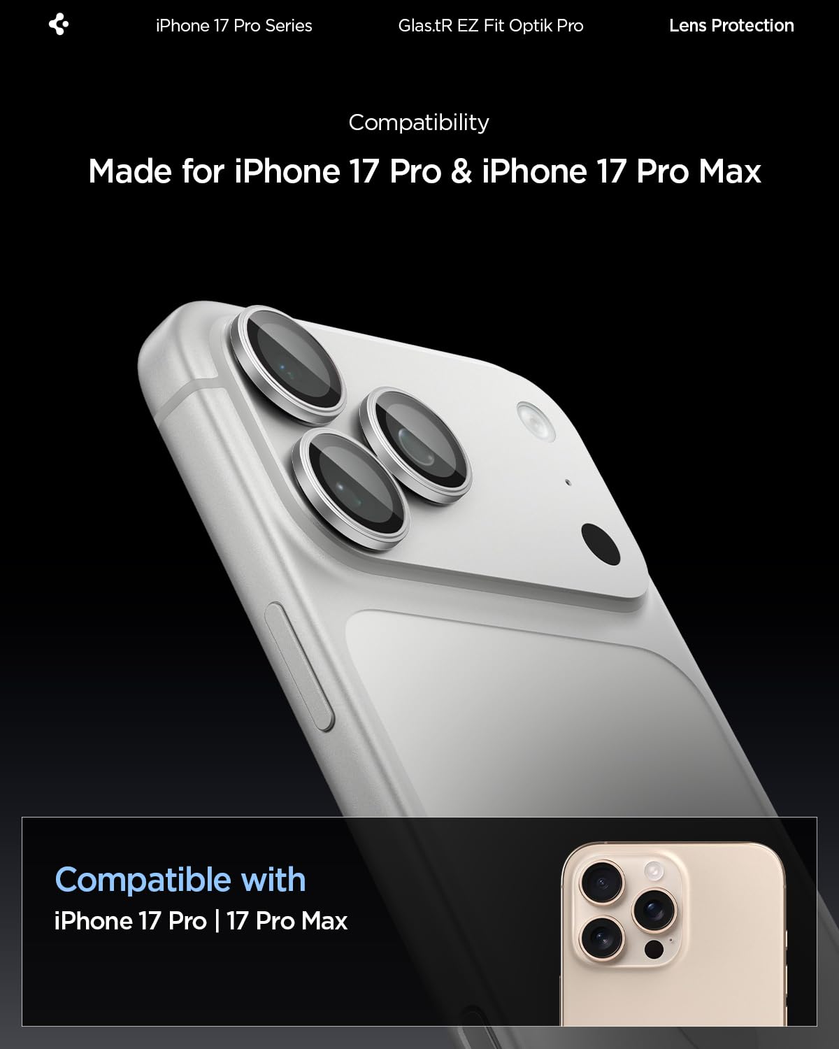 Spigen Glas.tR EZ Fit Optik Pro Protector de Cámara para iPhone 17 Pro, iPhone 17 Pro Max, 2 Unidades, Plata, Protección Individual, Kit de instalación, Dureza 9H, Anti-Arañazos