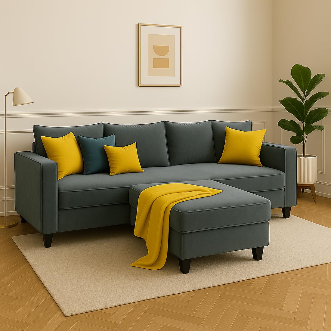 FURNY Conva 5 Seater L Shape Sofa Set with Movable Ottoman | Flexible Left or Right Layout | Plush Velvet Fabric (Dark Grey) | Perfect for Living Room, Guest Room & Office
