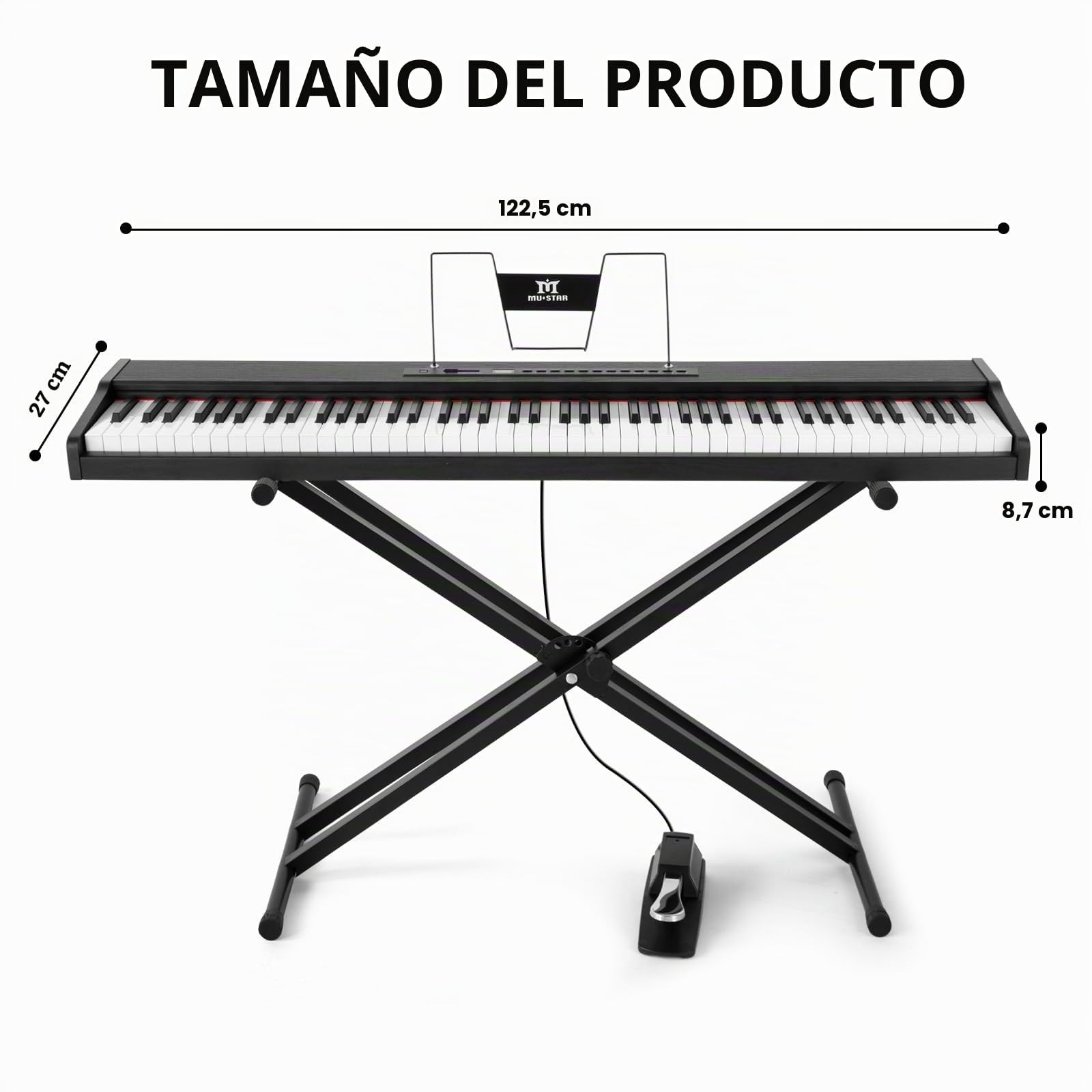 MUSTAR Piano digital 88 teclas semi-pesadas con soporte, tamaño completo 88 teclas, piano principiante, piano electrónico portátil, con conexión inalámbrica, maleta, pedal de sustain, negro