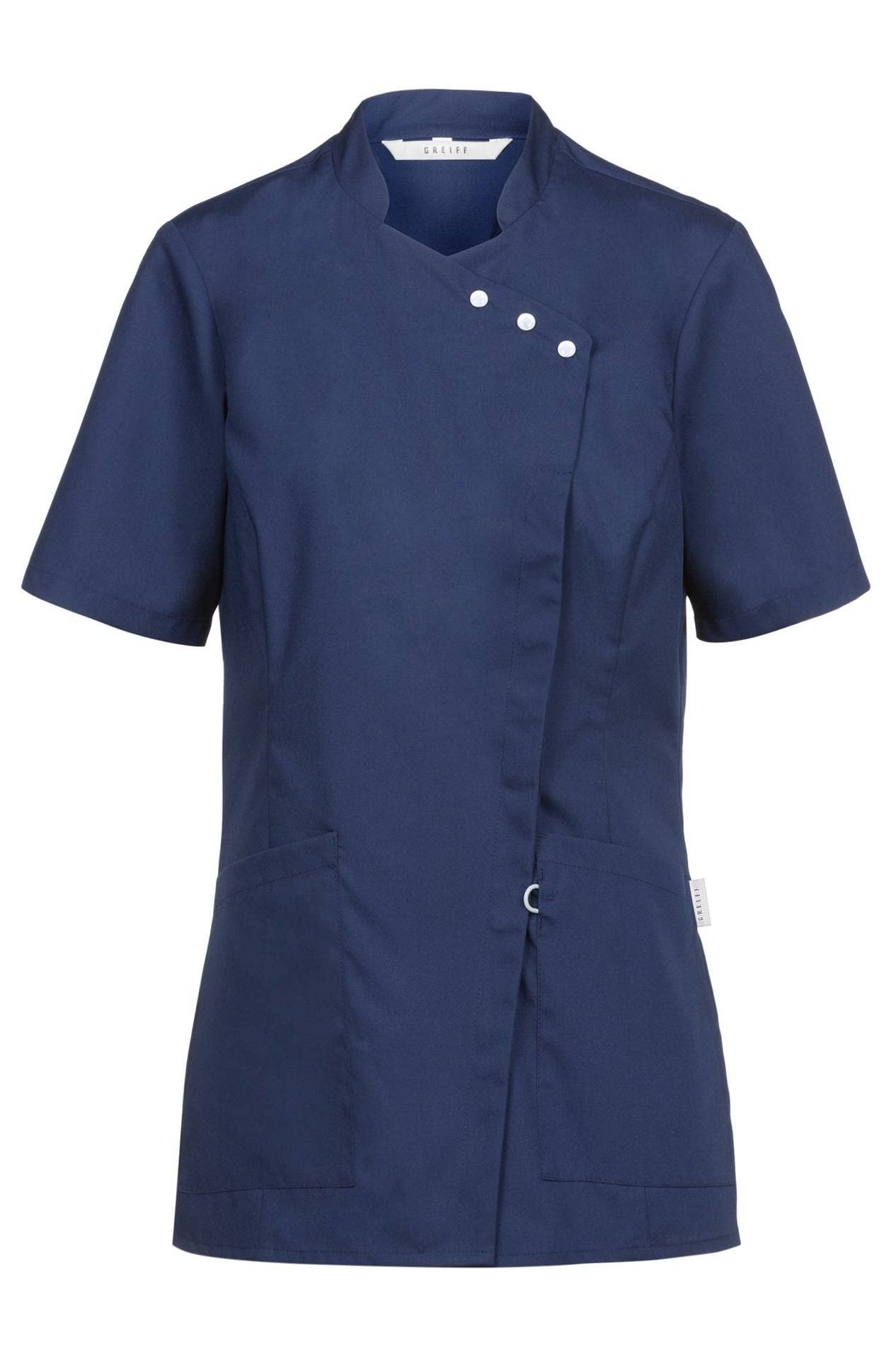 GREIFF Care 5110 Kasack Damen – Kurzarm mit Stehkragen – Asymmetrische Perlmutt Druckknopfleiste – 2 aufgesetzte Taschen inkl. Keyloop – Regular Fit - Ideal für Medizin und Pflege