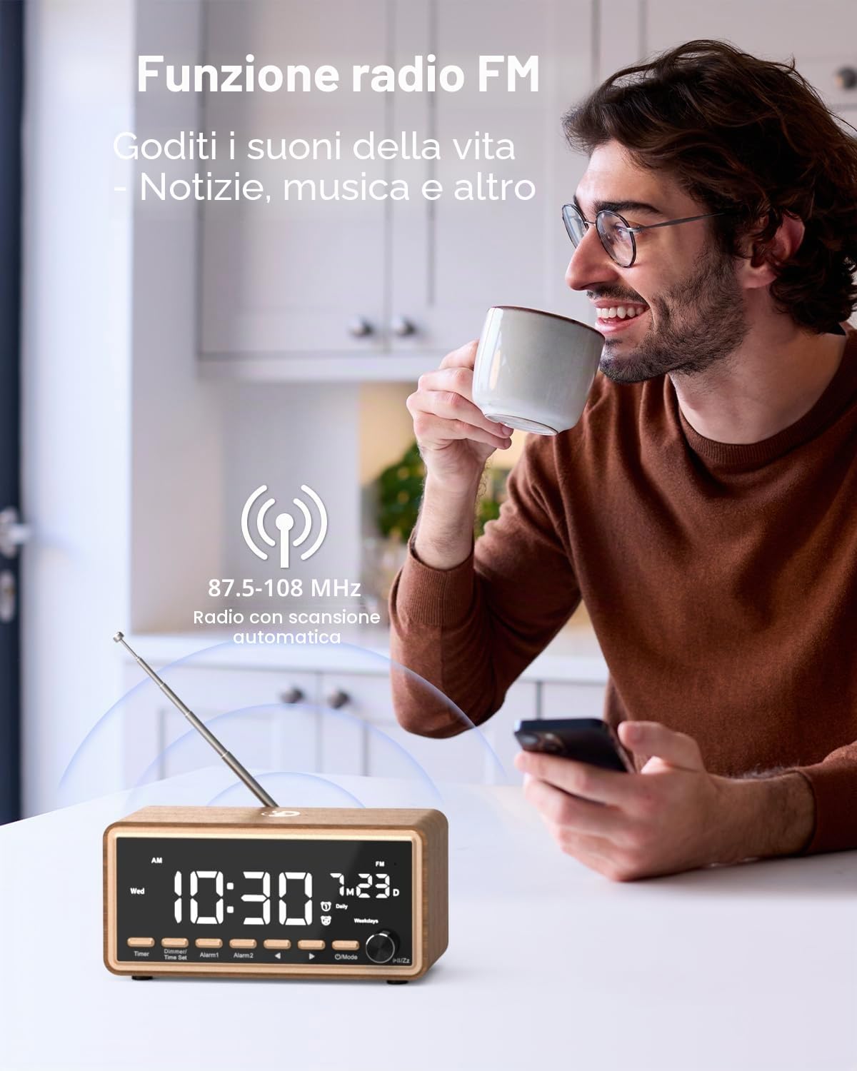 Sveglia digitale con radio FM, doppia allarme, altoparlante Bluetooth, White Noise Machine, Wireless Charger, orologio digitale dimmerabile, regalo di compleanno per donne, mamma e papà