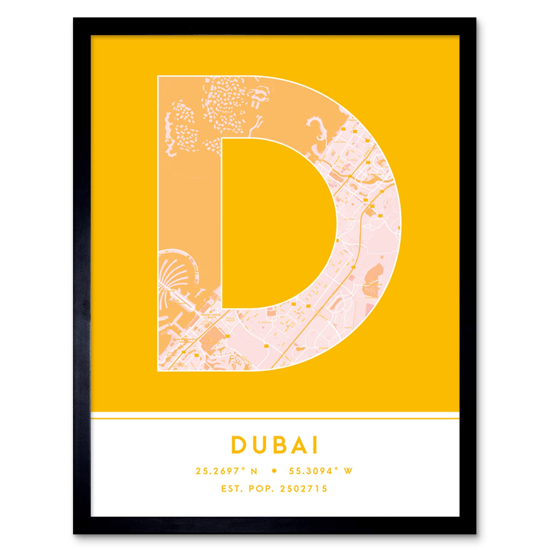 Dubai United Arab Emirates City Map Wall Art Print - Modern Typography - Stylish Letter Framed Word - Yellow - W12 inch x H16 inch