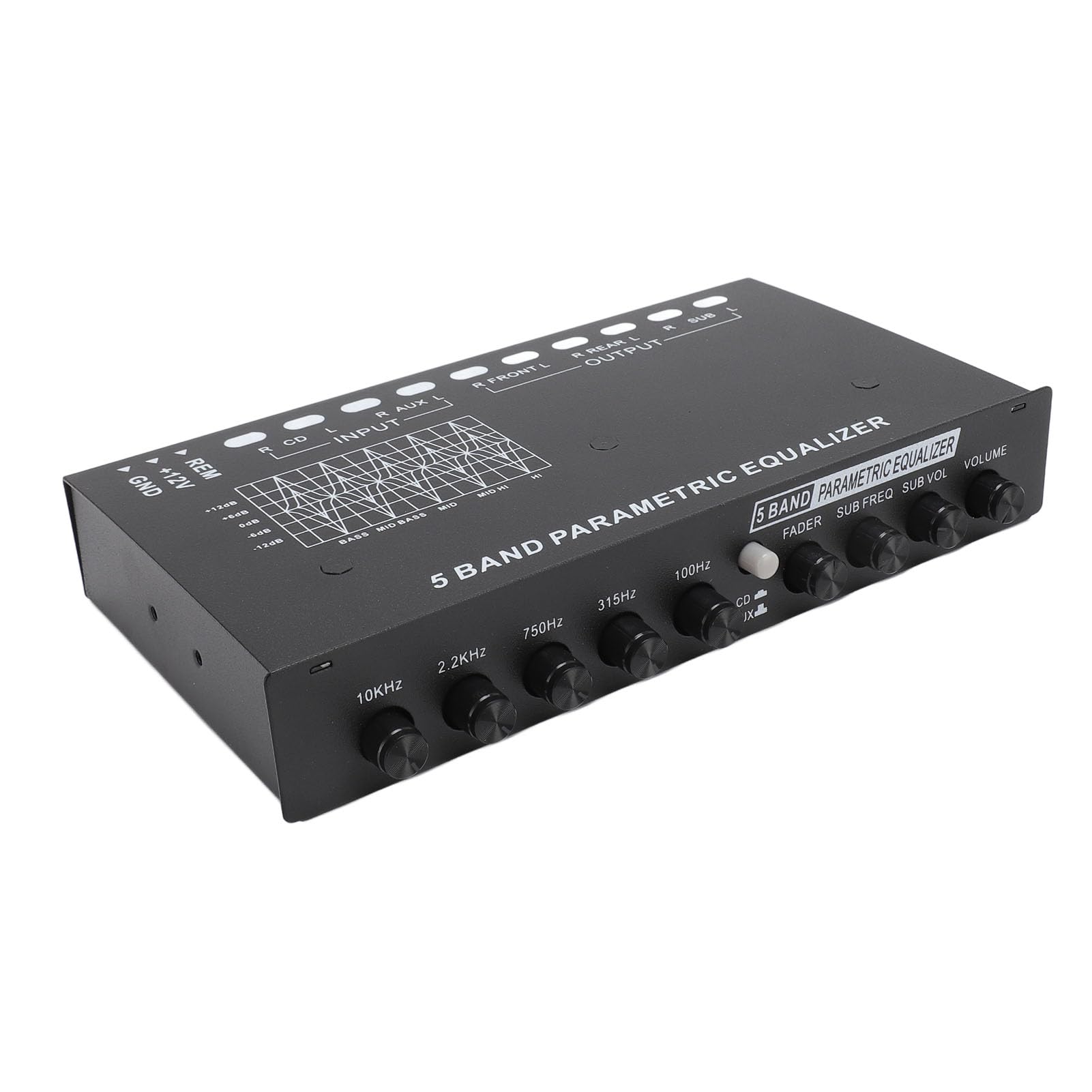 Ecualizador de sonido para automóvil de 5 bandas con bandas EQ Fuente de alimentación de 12 V CC Interruptor de entrada de CD Subsalida delantera y trasera para automóvil Barco RV