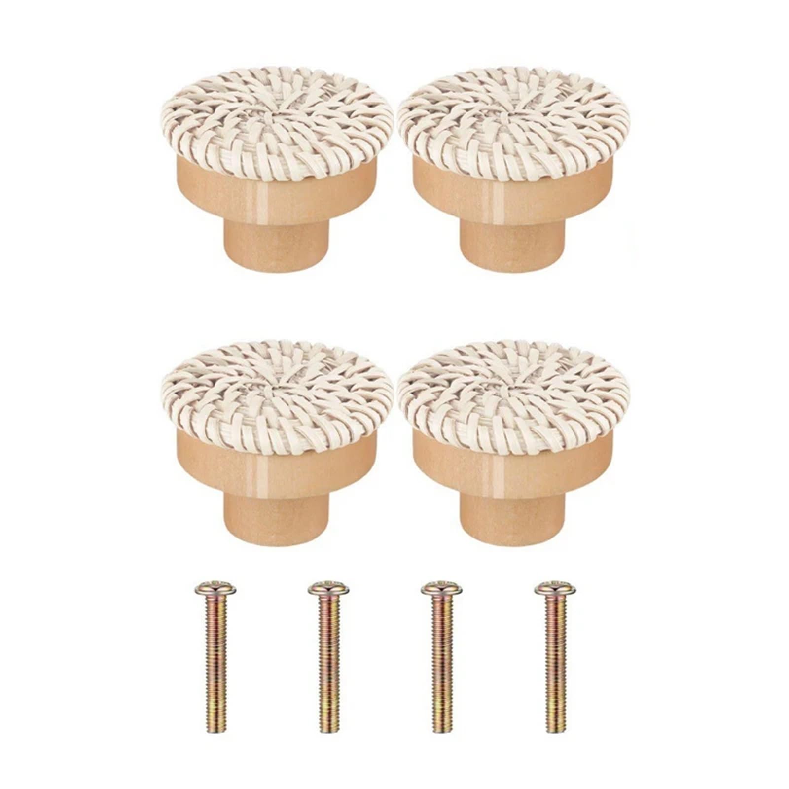 UBOHUZ 1/2/4/6/8PCS Wooden Rattan Dresser Knobs Kit Round Decorative Furniture Pull Handles Multipurpose Woven Drawer Pulls for Bedside Tables for Cupboard, Wardrobe(White 4Pieces)
