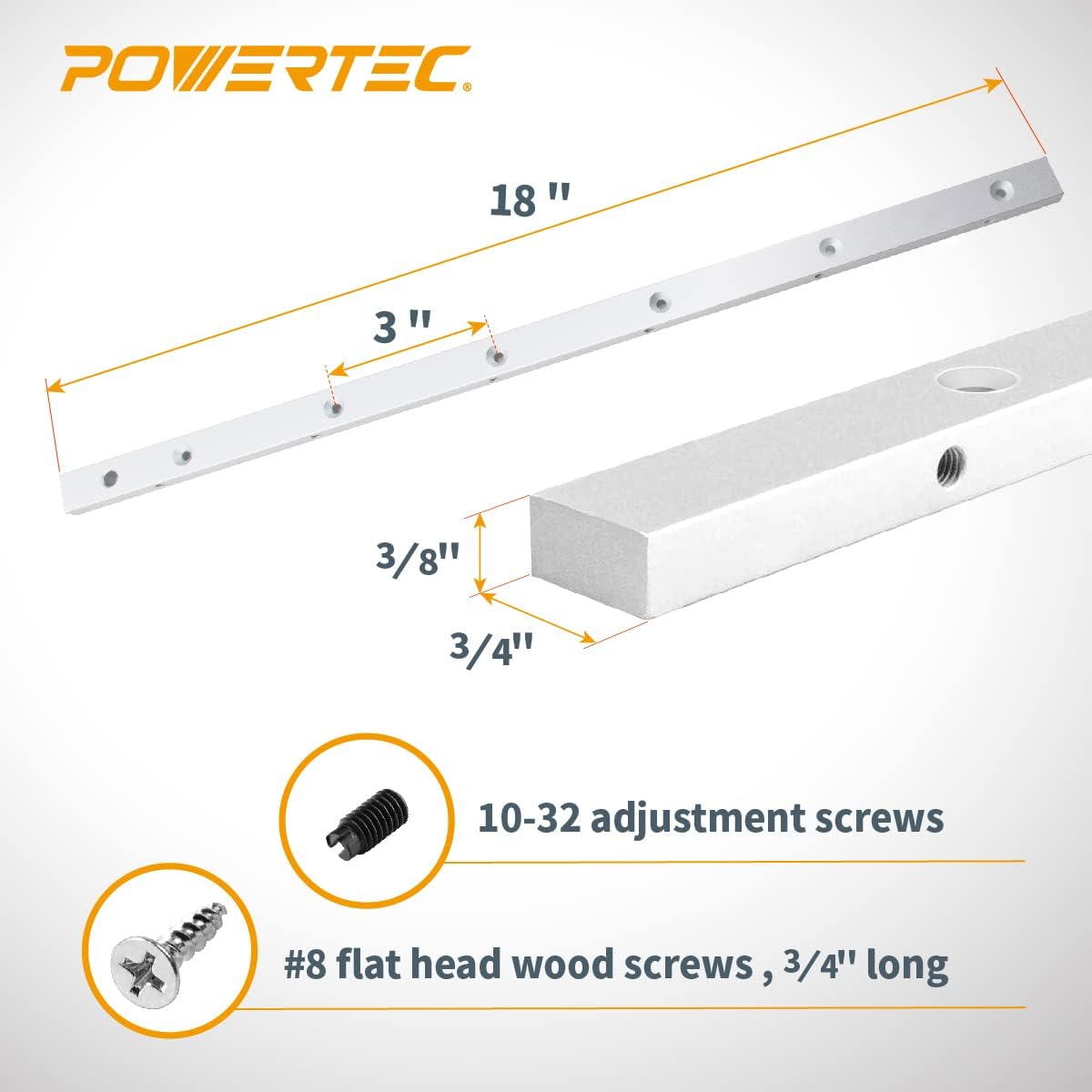 POWERTEC Crosscut Sled Miter Bar for Table Saw Sled, 3/4" x 3/8" x 18" with Predrilled Holes & Screws for Router Table, Bandsaw, Taper Jig, Table Saw Accessories for Woodworking, 2PK (71518-P2) 18" Alum. Miter Bar, 2PK
