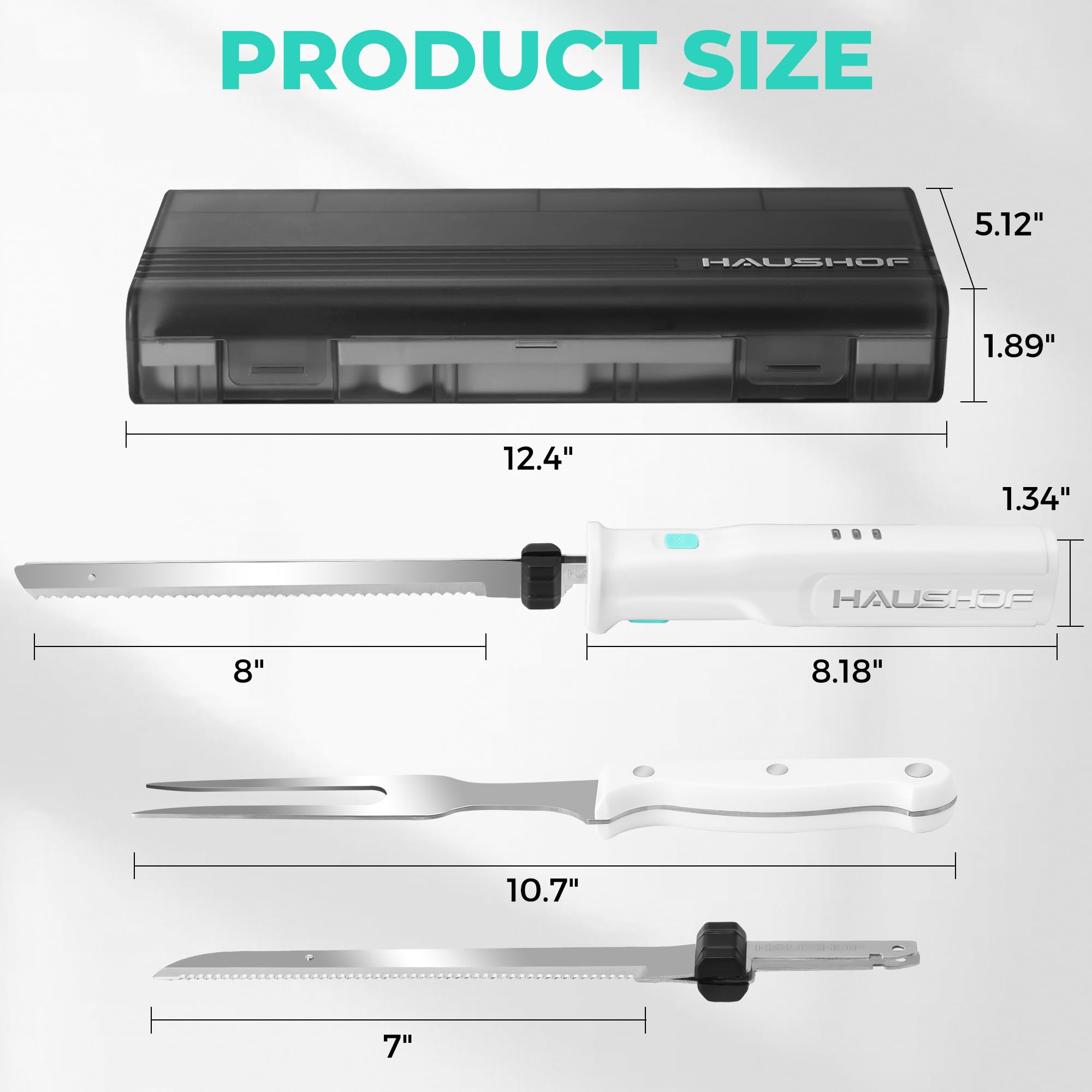 HAUSHOF Cordless Electric Knife Set for Meat Slicing, 8V Electric Carving Knife for Fish, Bread, Turkey, Rechargeable Meat Cutter with Reciprocating Stainless Steel Blades, Safety Lock & Storage Case