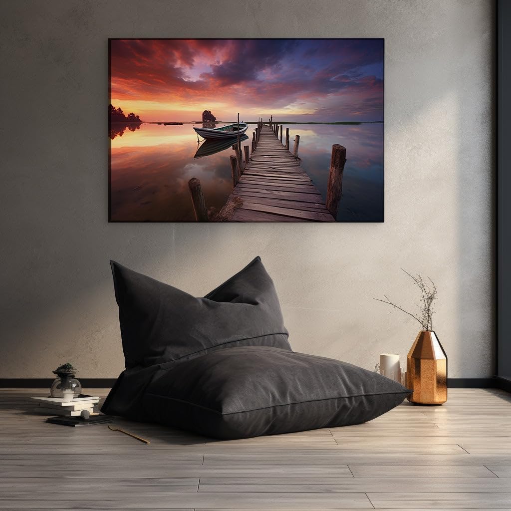 Canvas for Living room. Sunset Serenity: An Old Boat's Rest at a Lakeside Wooden Pier, 27 x 18 inch Canvas Wall Art - Contemporary Masterpieces - Modern Home Decor