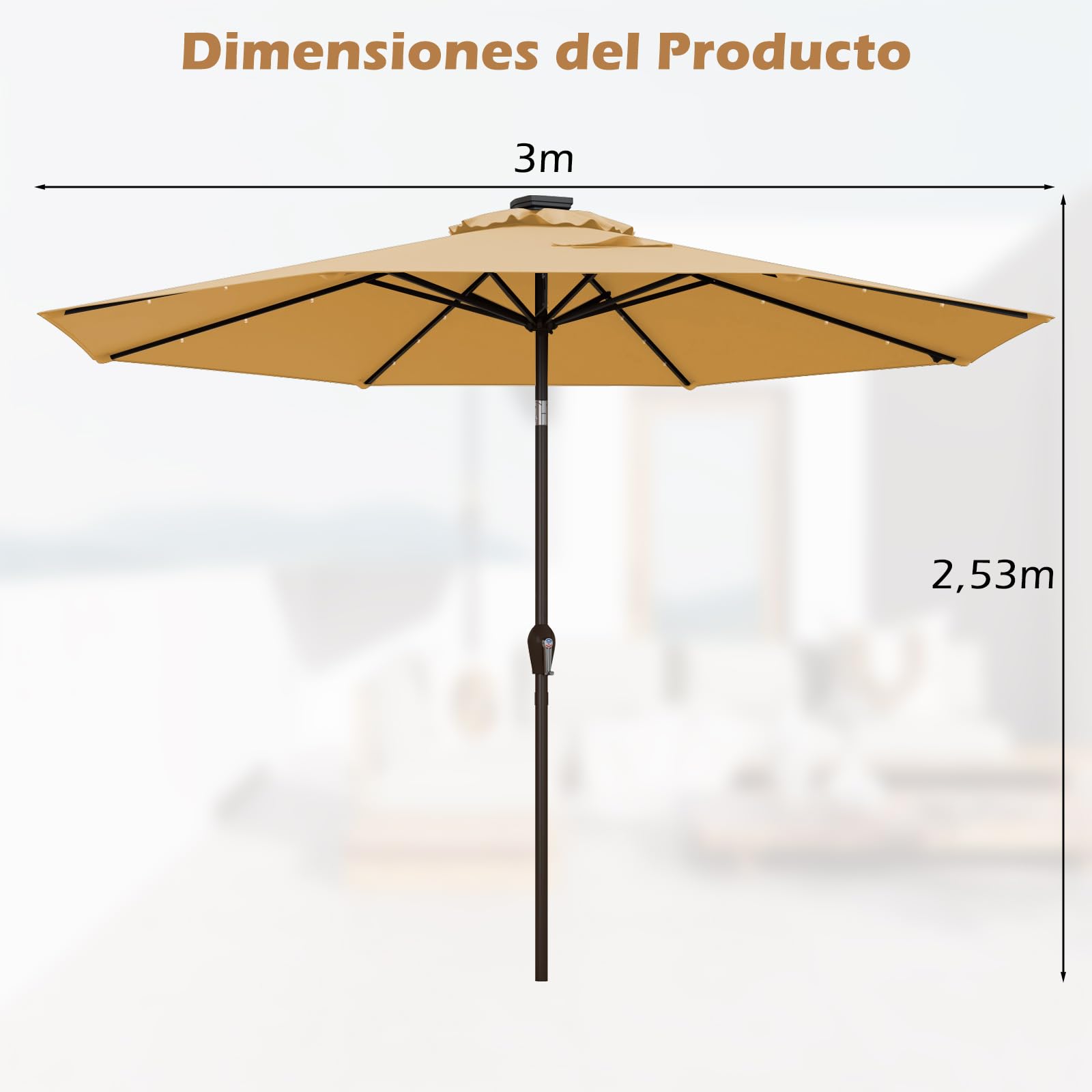 COSTWAY Ø300 cm Sombrilla Terraza Exterior, Parasol Terraza Exterior Plegable con 24 Luces LED Solar, Manivela y 8 Varillas de Metal, Protección UV, Impermeable, para Terraza, Beige