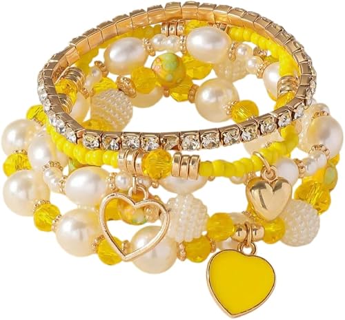 TengRiah Bohemian Multilayer Stackable Beaded Bracelets Set Faux Pearl Heart Cry