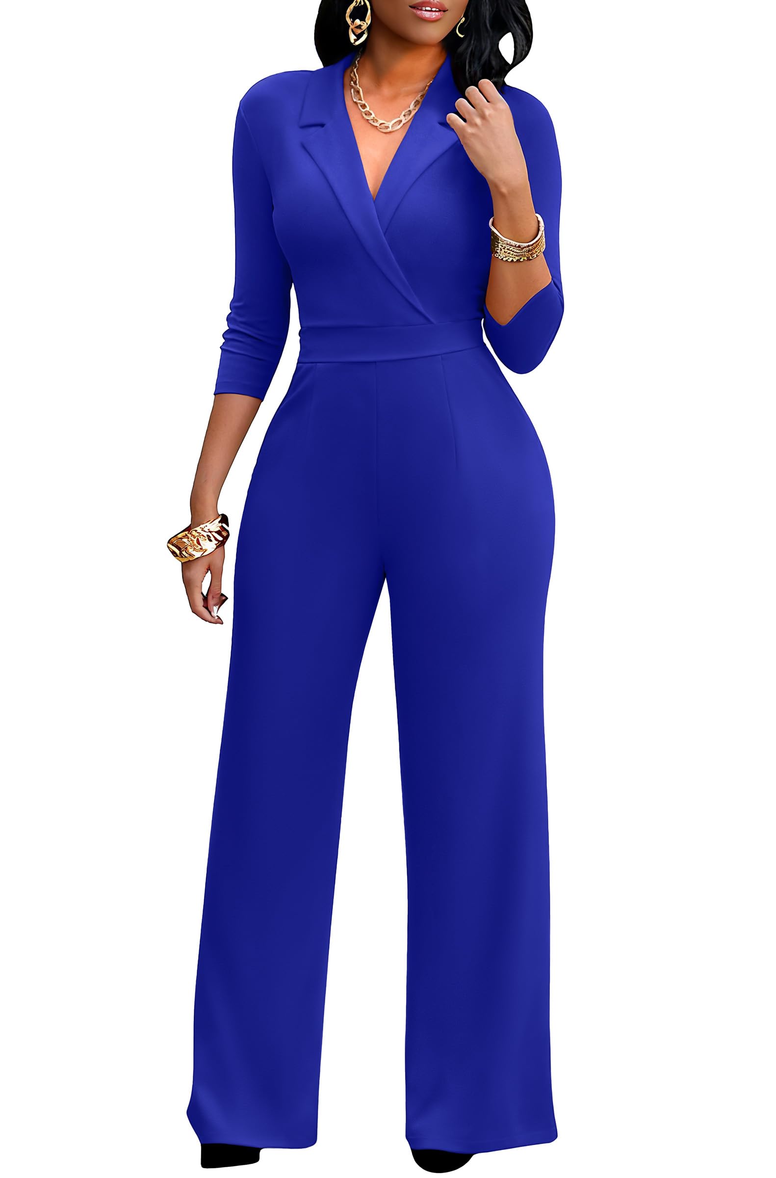 Formal Jumpsuits for Women, High Waist Wide Leg Rompers Business Work 3/4 Sleeve One Piece Outfits with Pockets-image-19