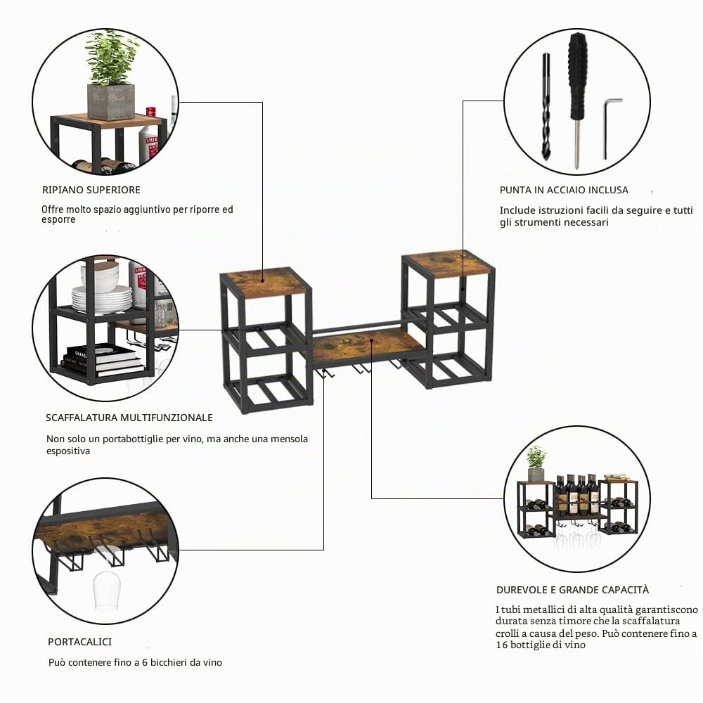 VEDECASA Mensola per vino da parete industriale con 3 supporti per bicchieri a vapore, mensola parziale in legno, supporto per bottiglie in metallo nero, espositore multifunzionale per vino per casa