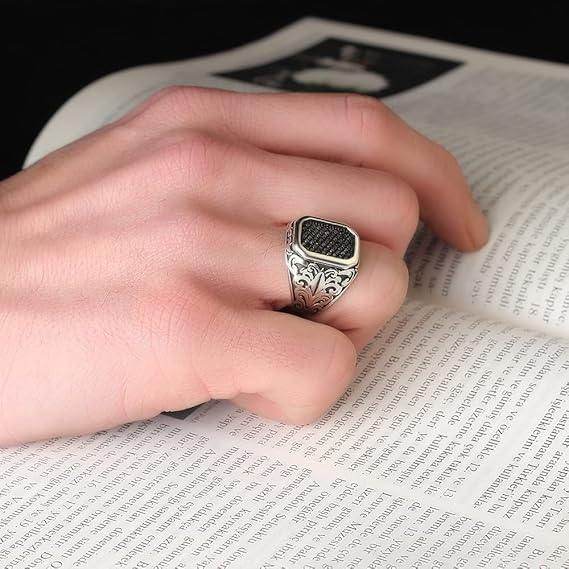 Amazon Co Jp 指輪 925 スターリング シルバー メンズ シルバー リング ブラック ジルコン ジェムストーン付き 手作りの刻印シルバー リング 彼へのギフト ミニマリスト シルバー リング ファッション