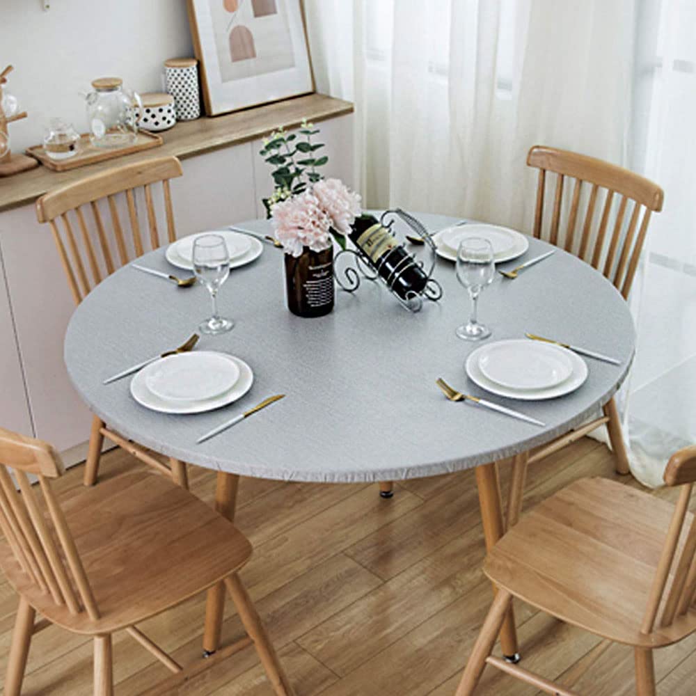 Topwon Round Tablecloth Fitted 70 Inch, Elastic Edge Silver Grey Vinyl Table Cover with Flannel Backing, Waterproof Oil-Proof Wipeable Fits Table up