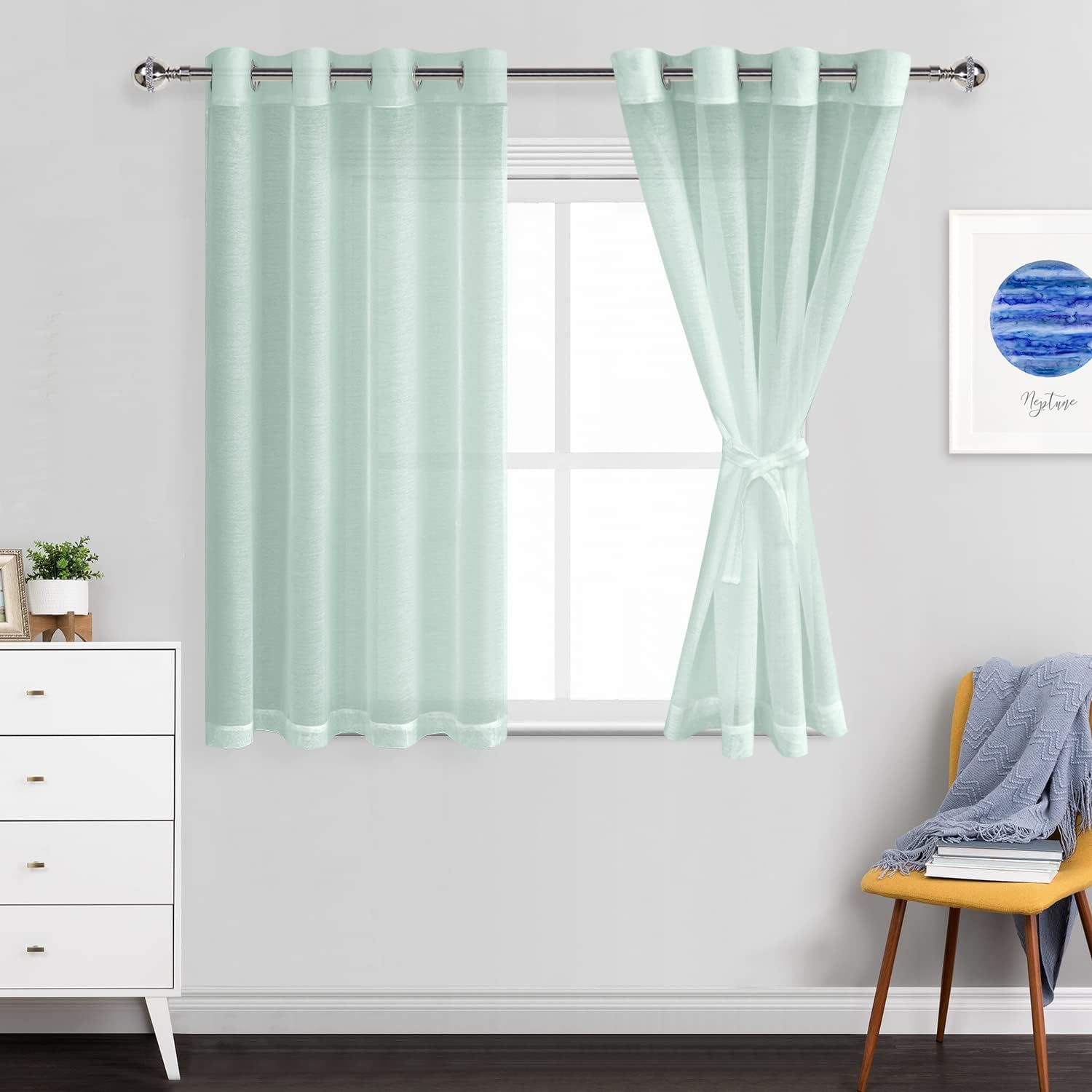 JIUZHEN Semi Sheer Curtains for Living Room - 54 inches Long with Tiebacks Light Filtering Grommet Window Curtains for Bedroom/Office, 52Wx 54L, Set of 2 Panels,Bean Green