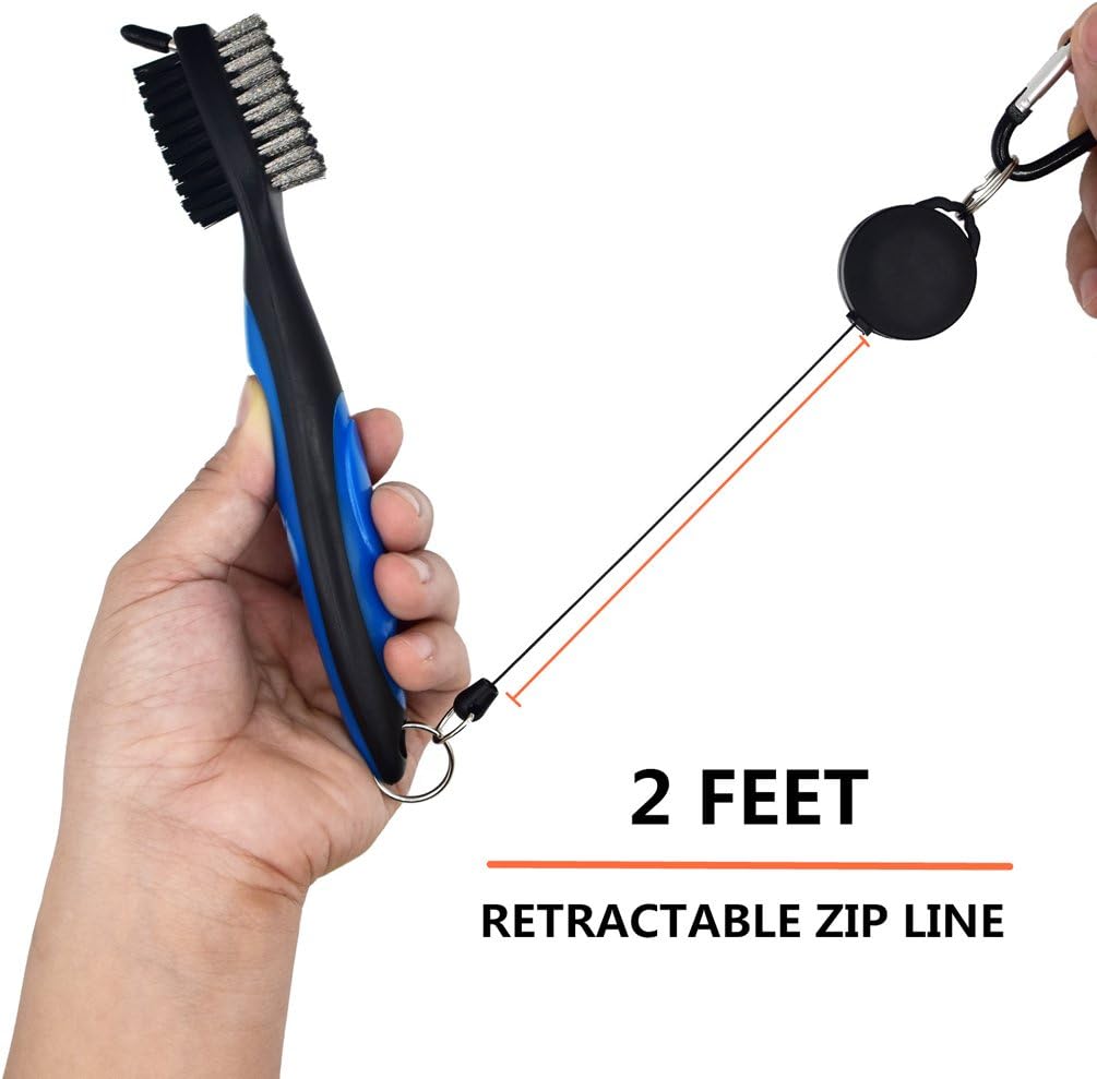 2 Pack Golf Club Brush and Groove Cleaner Brushes, 2 Feet Retractable Zip-line Aluminum Carabiner