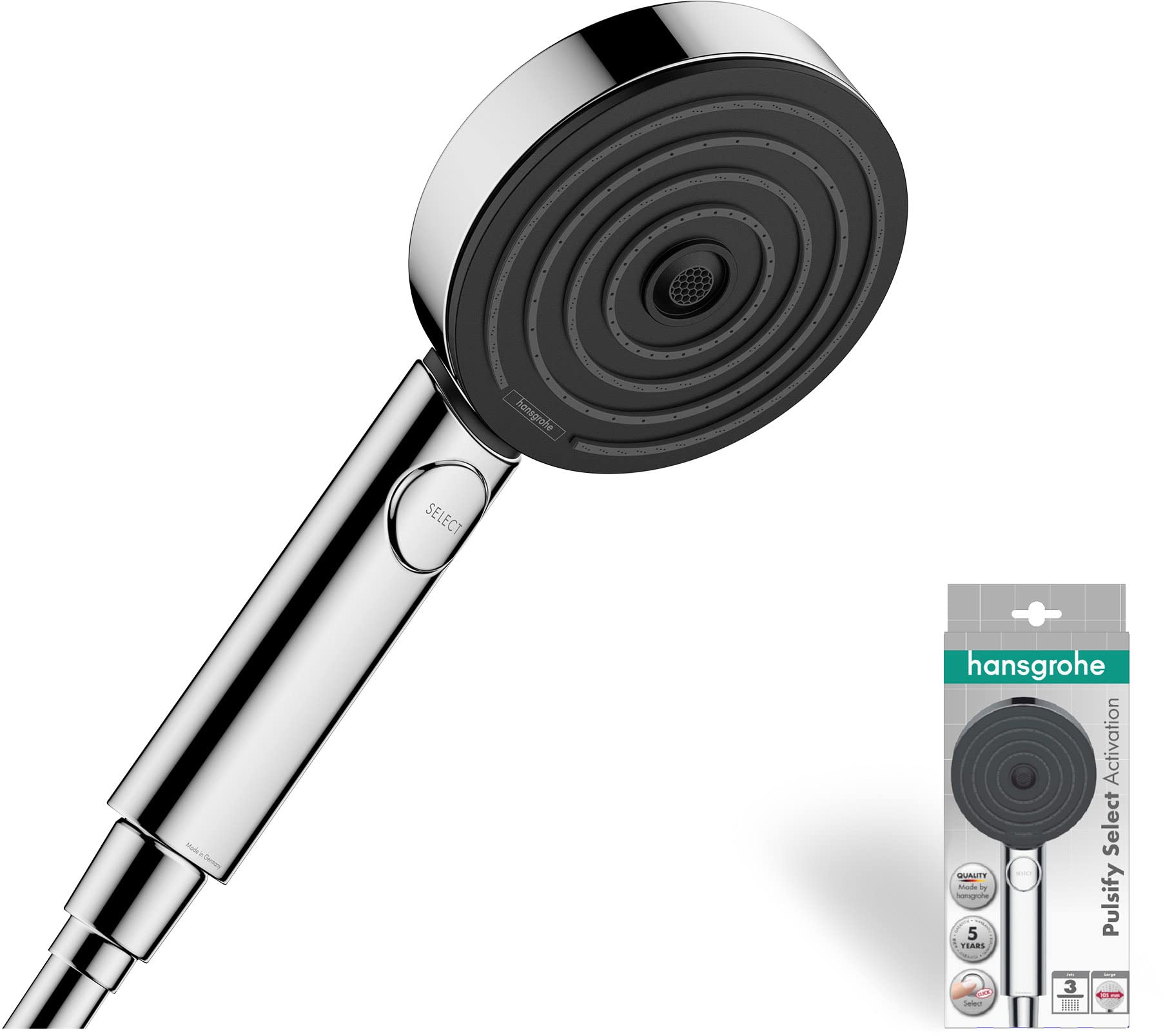 hansgrohe Duschset mit wassersparendem Duschkopf Pulsify Select S, Sparduschkopf, 3 Strahlarten + hansgrohe Brauseschlauch Isiflex, Duschschlauch 1,60m, Chrom, Kunststoff