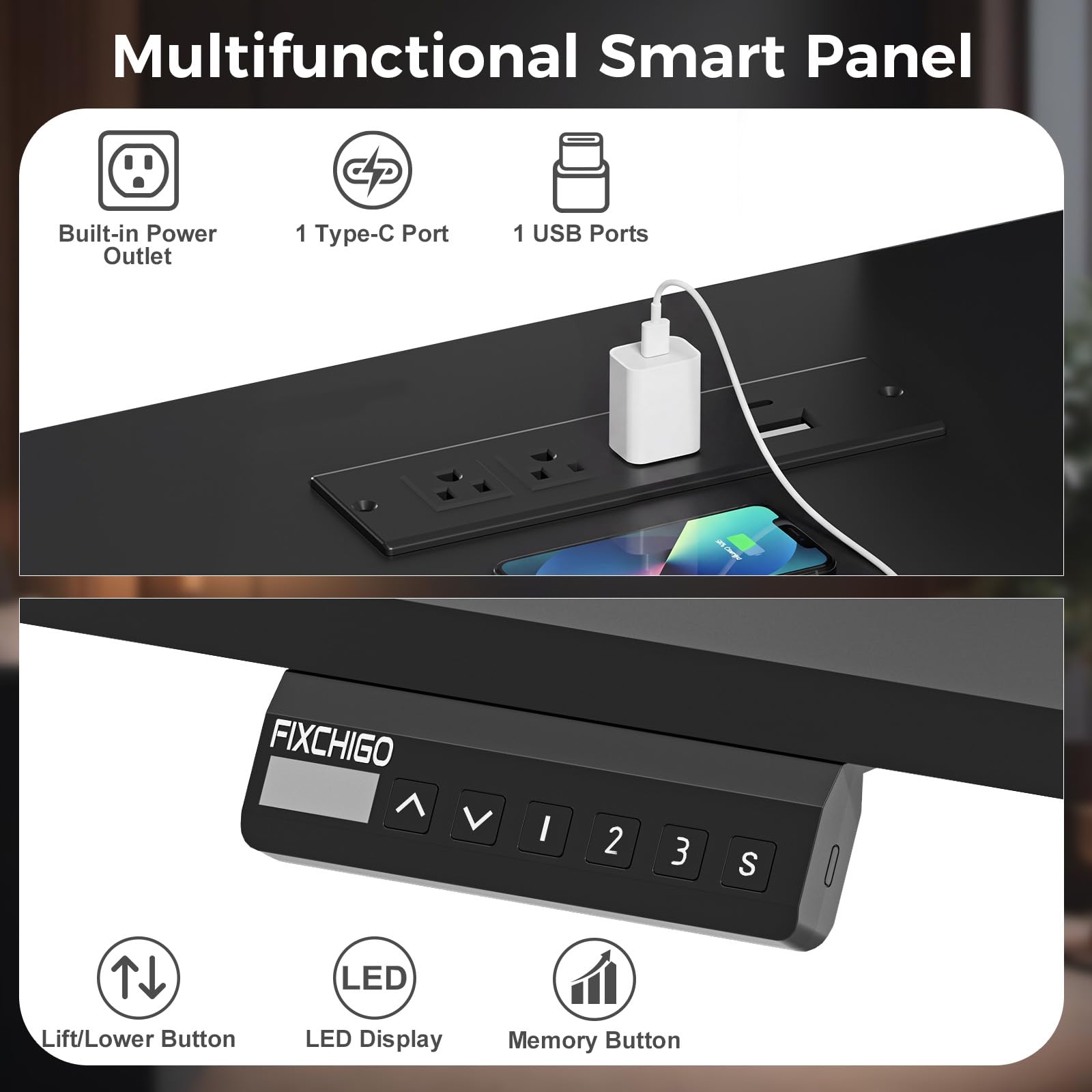 Electric Standing Desk with Drawers 63 Inch Height Adjustable Desk with Power Outlets LED Lights Sit Stand Table — view 6