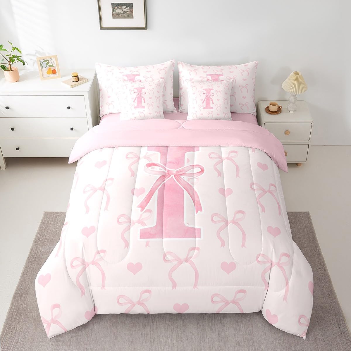 Erosebridal 7 Pcs Letter I Comforter Full Size for Girls Teen Women Aesthetic Coquette Bowknot Bed Set Pink Cute Love Heart Sheet Set Bed in A Bag Alphabet Dreamy Princess