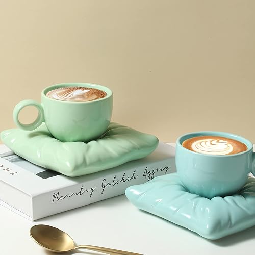 Miniatura 7 de Parlamain Juego de tazas de capuchino de cerámica azul claro de 8 onzas, lindo juego de tazas creativas para expreso, café con leche, té, apto para