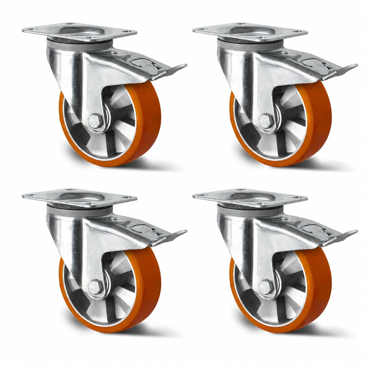 4er Set Schwerlastrollen 125-200 mm bis 1800 kg – Lenkrollen mit Bremse, Lenkrollen & Bockrollen – Alu-Radkörper, Doppelkugellager (200mm, 4 Lenkrollen mit Bremse)